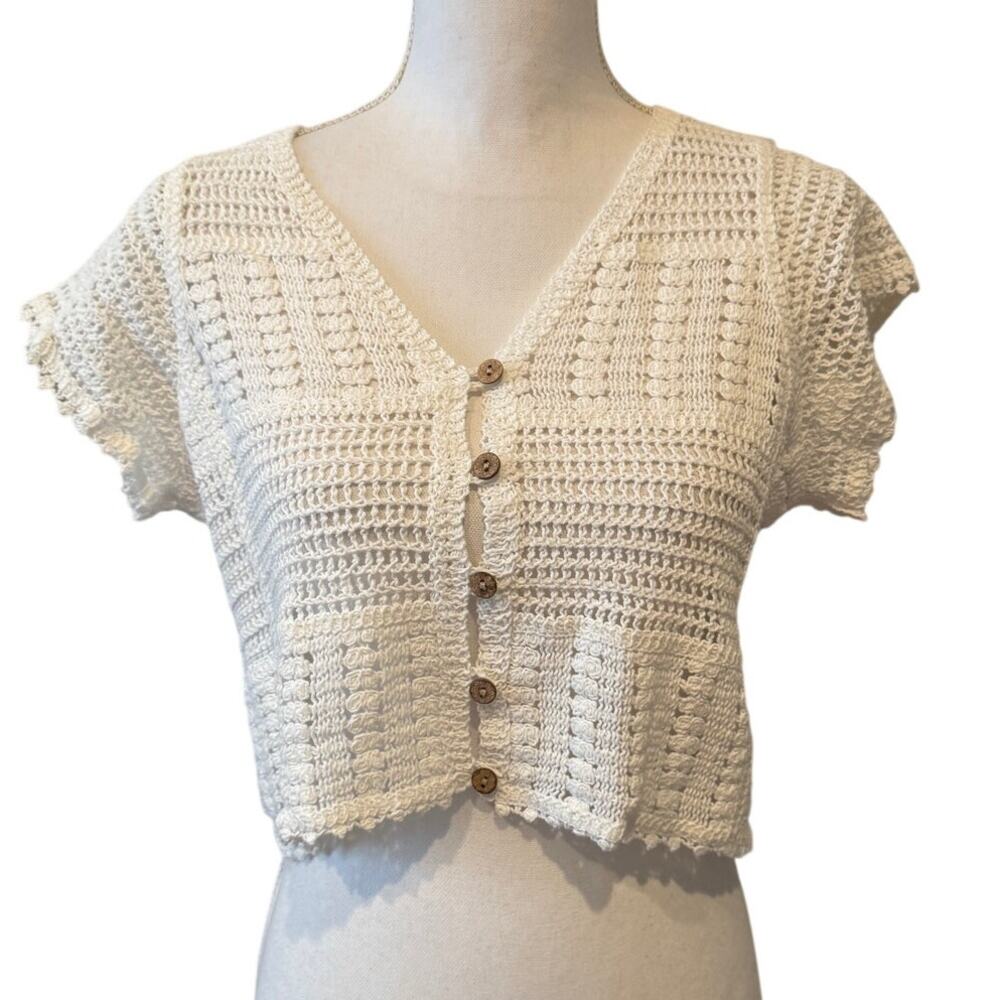 Rebellion Cropped Crochet Short Sleeve Top S